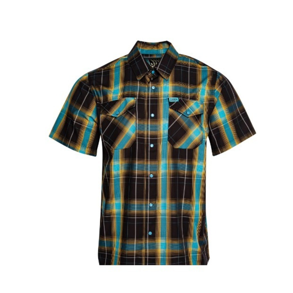 Dixxon Get Radical Flannel SS Bamboo Men M Black Gold Blue Plaid Pearl Snap Bold